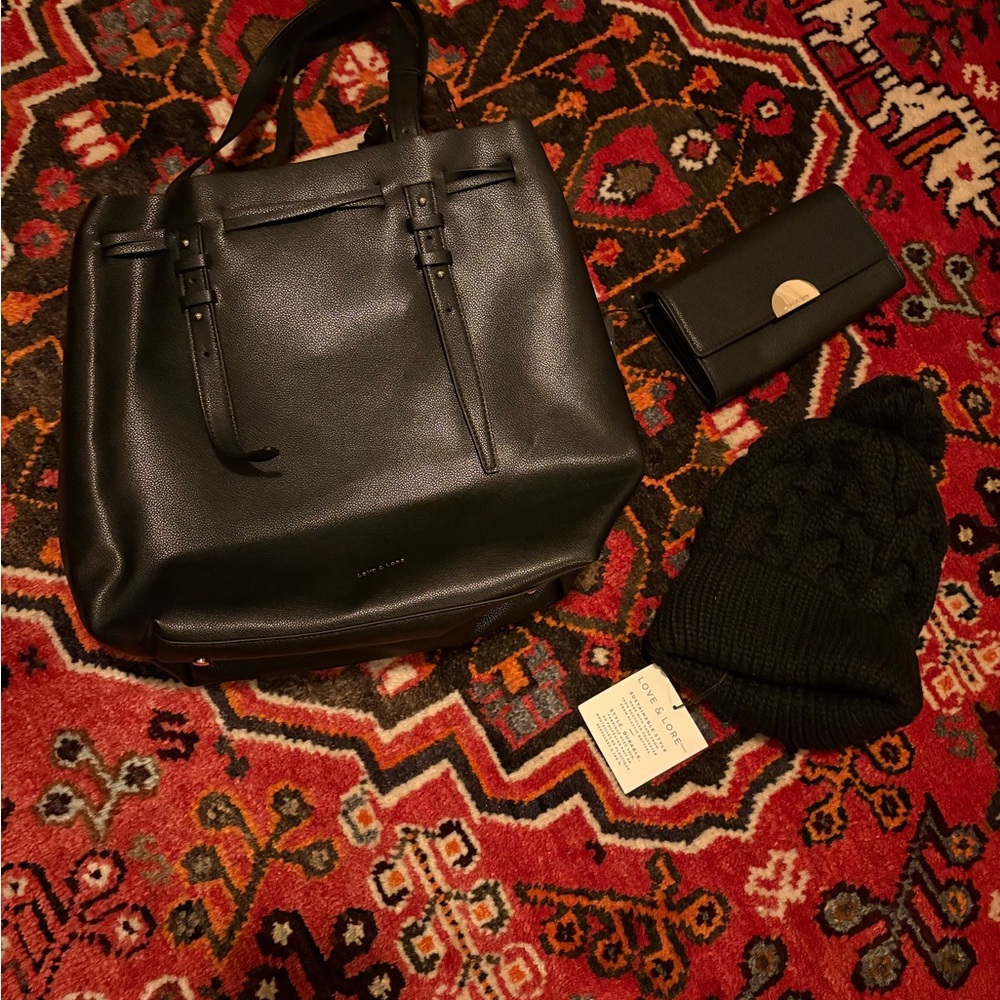 Love & Lore Black Vegan Leather Bag and wallet and bonus beanie - NWT